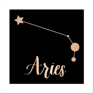 Aries Zodiac Constellation in Rose Gold - Black Posters and Art